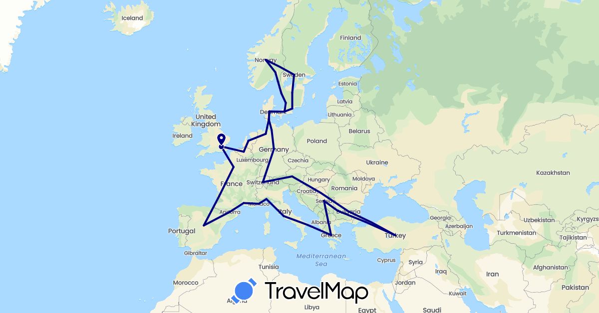 TravelMap itinerary: driving in Andorra, Austria, Belgium, Bulgaria, Switzerland, Germany, Denmark, Spain, France, United Kingdom, Greece, Italy, Monaco, Netherlands, Norway, Serbia, Sweden, Turkey, Vatican City (Asia, Europe)